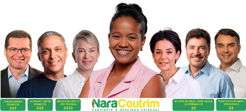 Nara Coutrim com seus candidatos: Oseias Varão, Gustavo Gayer, Magda Mofatto, Wilder Morais, Ana Paula Rezende e Flávio Bolsonaro